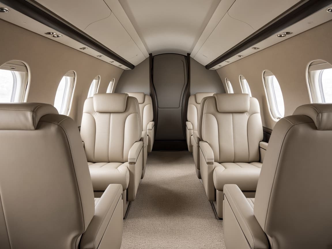 Beige leather seats and a freshly cleaned carpet running the aisle of a private aircraft cabin.